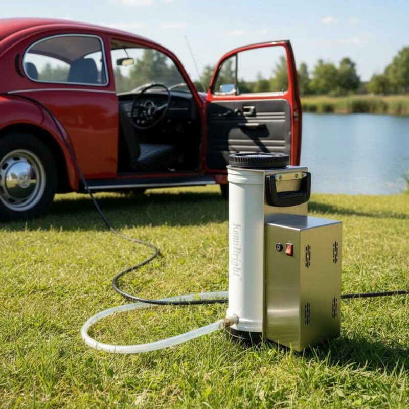 Aqua Peak 190 portable water pump connected to a car cigarette lighter, showcasing its compact design for easy outdoor use and travel.