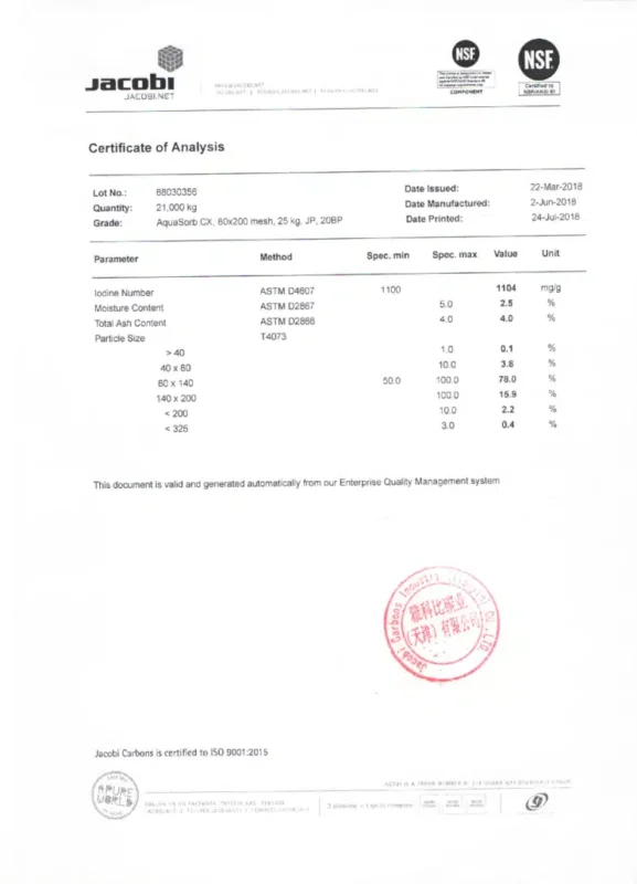 NSF certificate for Jacobi carbon filter material data sheet
