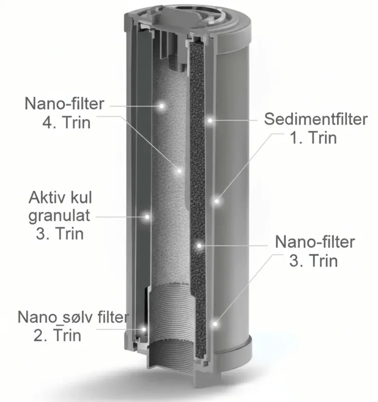 Omvendt osmose vandfilter med 5 filtreringslag.