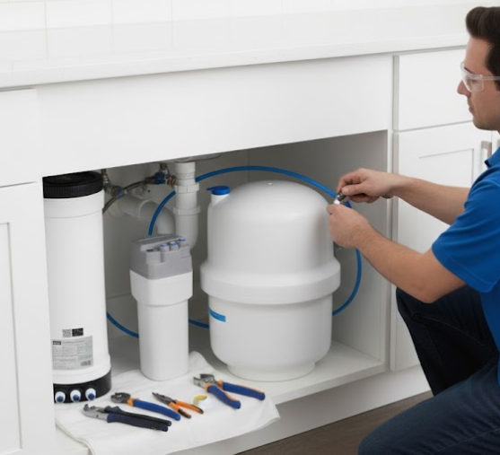 Technician installing water filter kit under a kitchen sink
