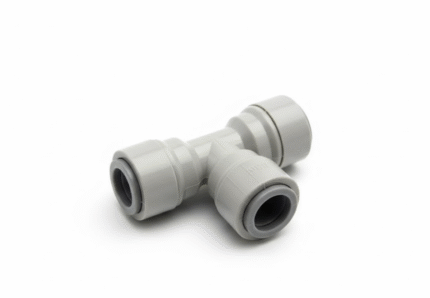 Gray plastic Tee adapter for water filters, 3/8 x 3/8 x 3/8 inch