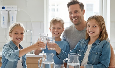 Family drinking clean water with Zeowater filter system