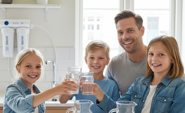 Family in kitchen toasting glasses of clean water from Zeowater filter