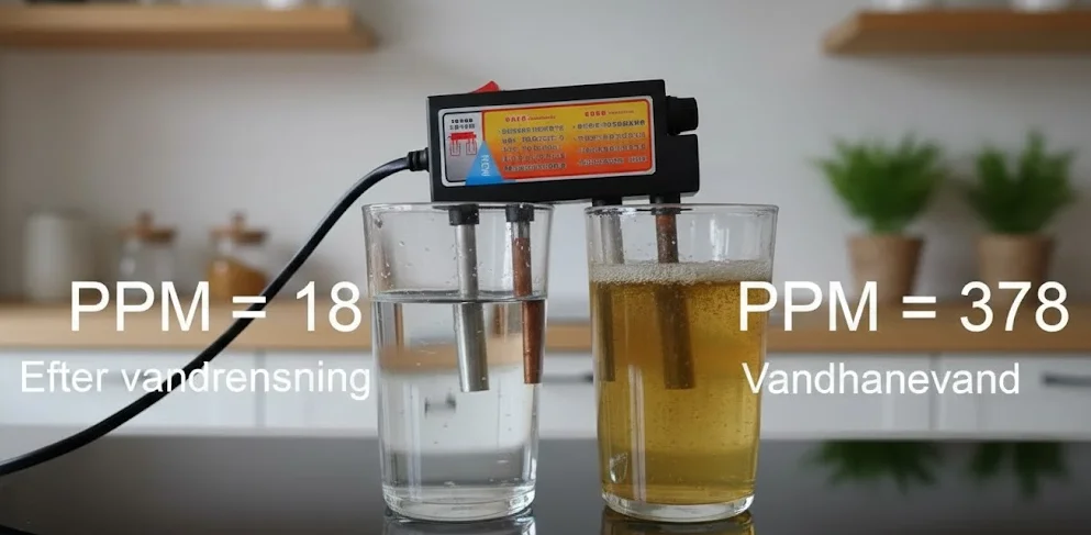 Water purity test showing levels in tap water and purified water.