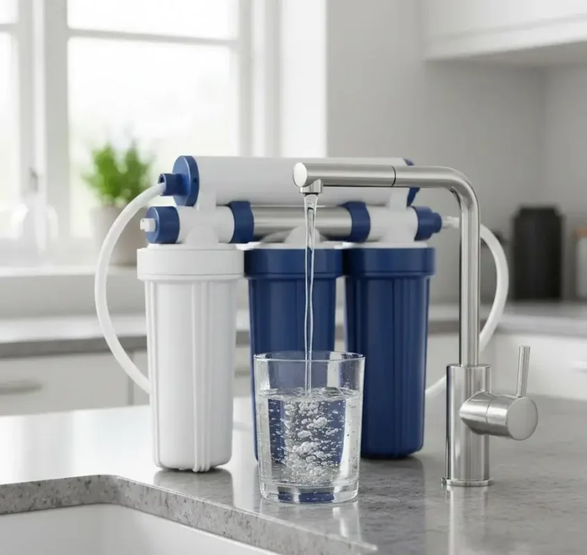 Reverse osmosis water filter system in a kitchen pouring water into glass