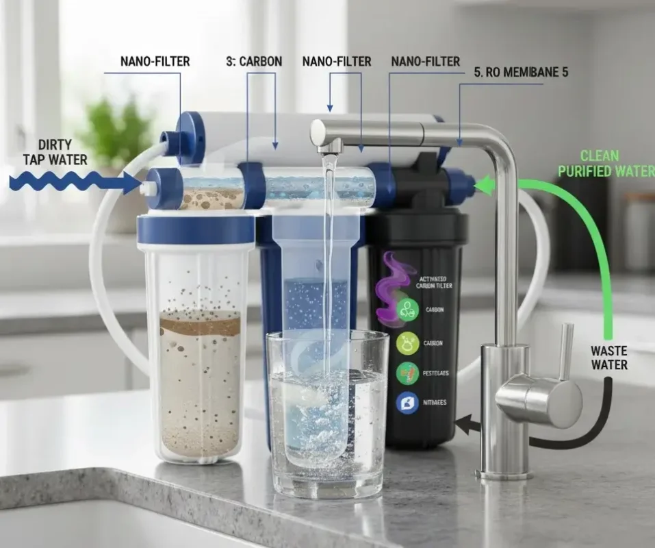 Reverse osmosis water filtration system diagram on kitchen countertop.