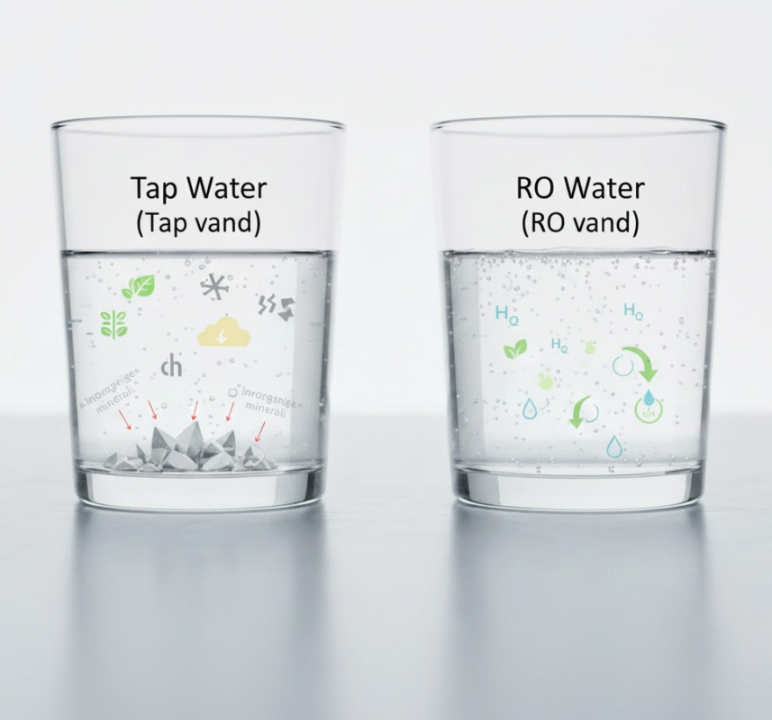 Diagram der sammenligner postevand med forurening og rent RO vand