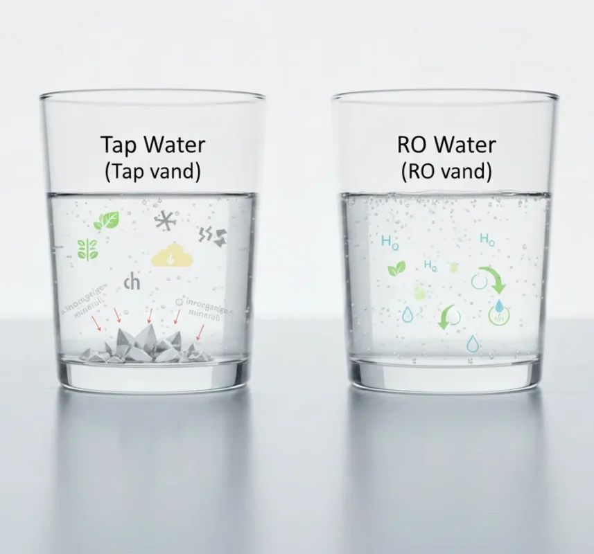 Tap water versus RO water, showing impurities in tap water and pure RO water.