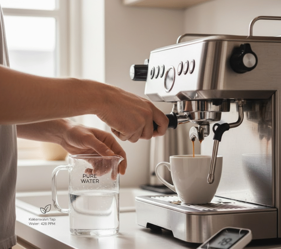 Mand laver kaffe med espressomaskine med rent osmosevand