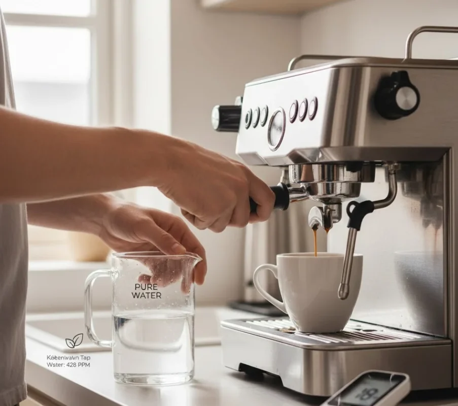 Person brewing coffee with espresso machine next to clear glass of pure water.