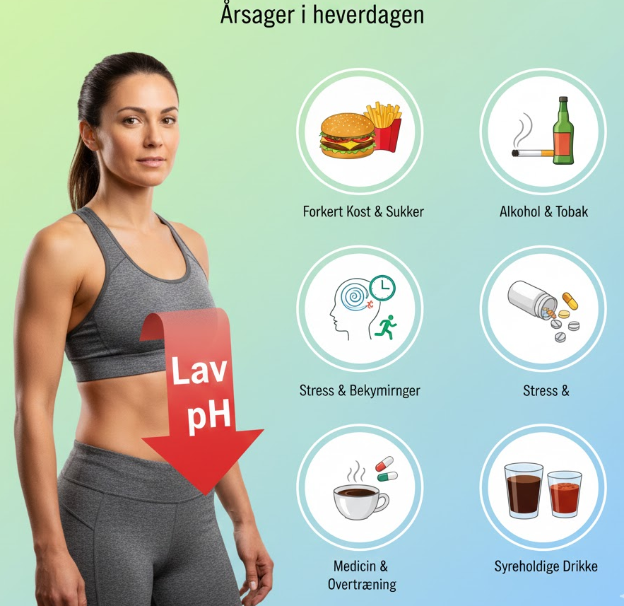 Årsager til lav pH: dårlig kost, sukker, alkohol, tobak, stress, medicin, overtræning, syreholdige drikke