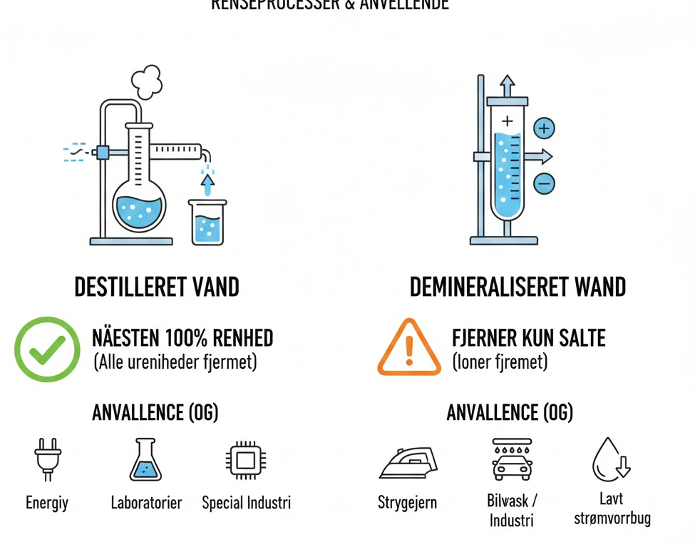 Illustration af destilleret vand vs. demineraliseret vand og deres anvendelser