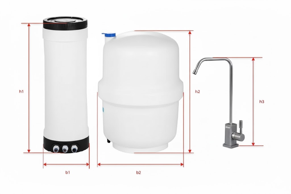 Technical drawing of water filter system dimensions: filter, tank, faucet.